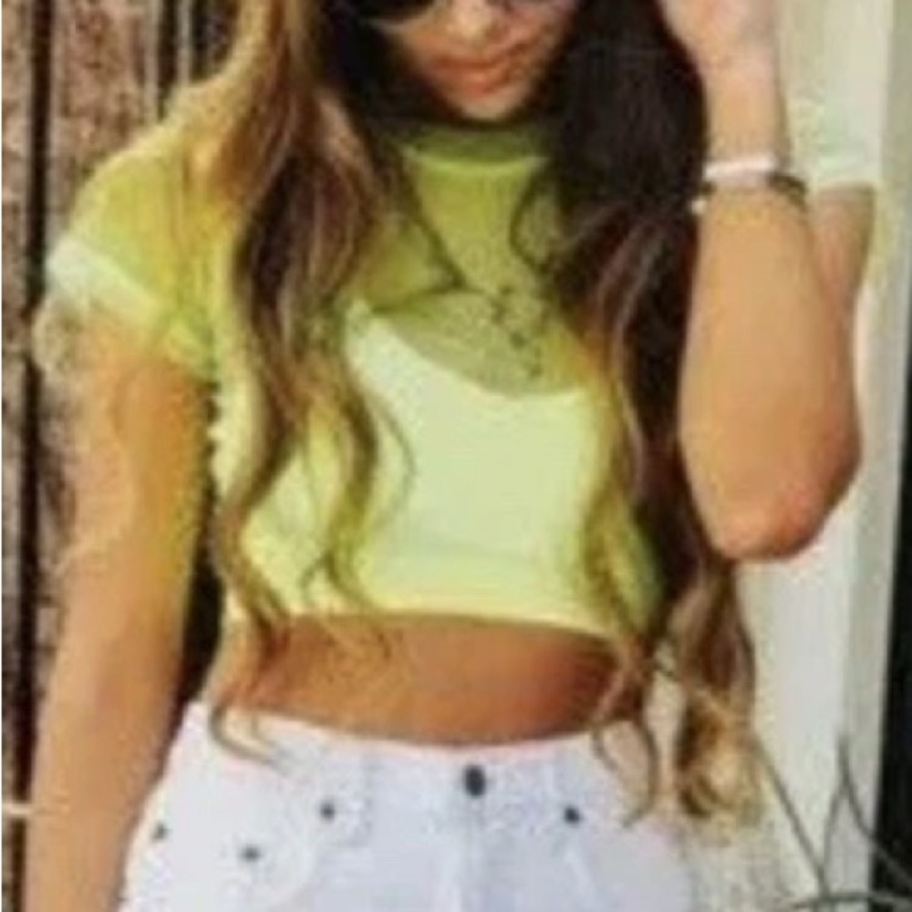 EMMA & SAM MESH CROPPED SHORT SLEEVE TOP LAYERING IN NEON LEMON SZ SMALL - Picture 14 of 14